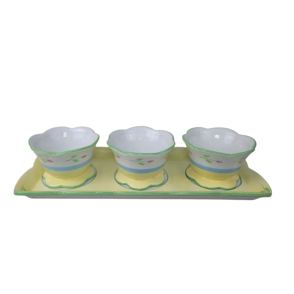 Princess House Exclusive Floral Ceramic Tray and 3 Pot Bowl Set Yellow Tulip
